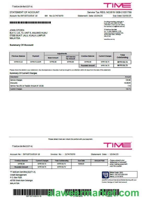 Malaysia Time utility bill template in Word and PDF formats
